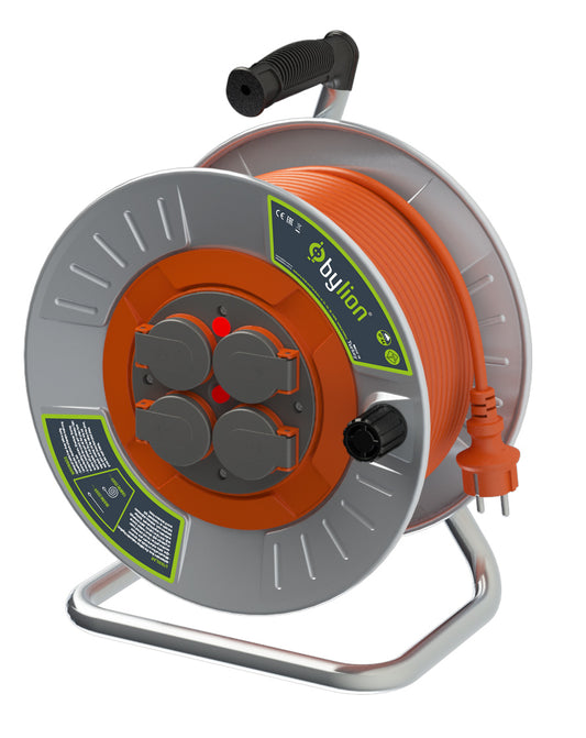 Professional metal reel with copper cable 3x2.5 mm2, IP44, with overload protection, current 16 A, Schuko type with 4 sockets, length 50 m, cable color: orange.