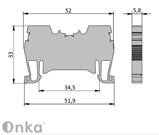ONKA 2.5mm2 spring rail connector, DIN rail terminal, 2 wires, gray, 1020013