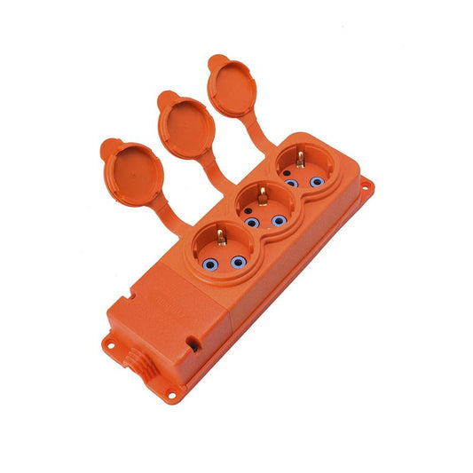 Triple "rubber" orange socket with hermetic cover IP44 250V, 16A, SCHUKO 2P+Z, 3KMP-FO, Bylion