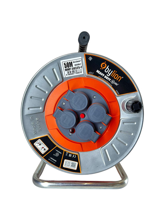 Professional metal reel with copper cable 3x2.5 mm2, IP44, with overload protection, current 16 A, Schuko type with 4 sockets, length 50 m, cable color: orange.