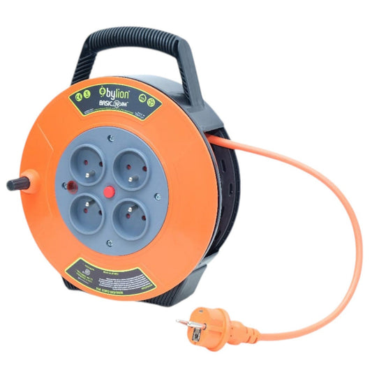 Compact retractable extension cable reel/cable drum, 10 m cable with 4 sockets IP20 + thermal fuse