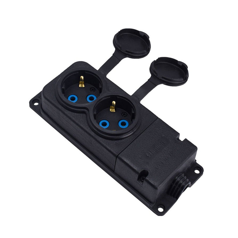Double rubber socket black hermetic surface-mounted 250V, 16A, IP44, SCHUKO 2P+Z, 2KMP-F, Bylion