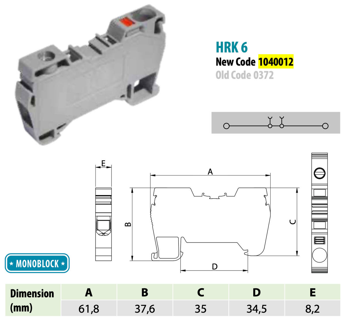 ONKA 6mm2 hybrid screw/spring rail connector terminal block DIN rail terminal block, 2 wires, gray, 1040012