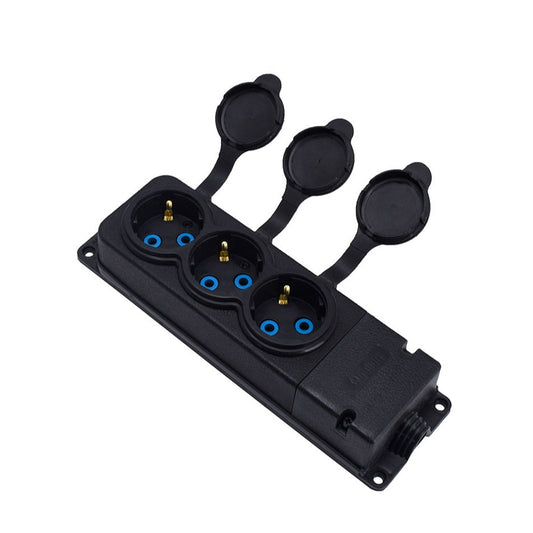 Triple "rubber" black socket with hermetic cover IP44 250V, 16A, SCHUKO 2P+Z, 3KMP-F, Bylion