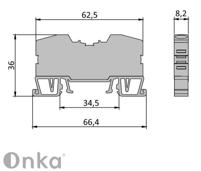 ONKA 6mm2 spring rail connector terminal block DIN rail terminal, 2 wires, blue, 1020037, 1020037