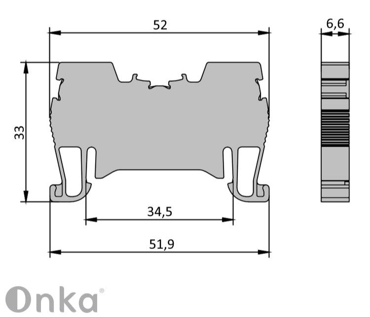 ONKA 4mm2 atsperu sliedes savienotājs, DIN sliedes savienotājs, 2 vadu, pelēks, 1020024