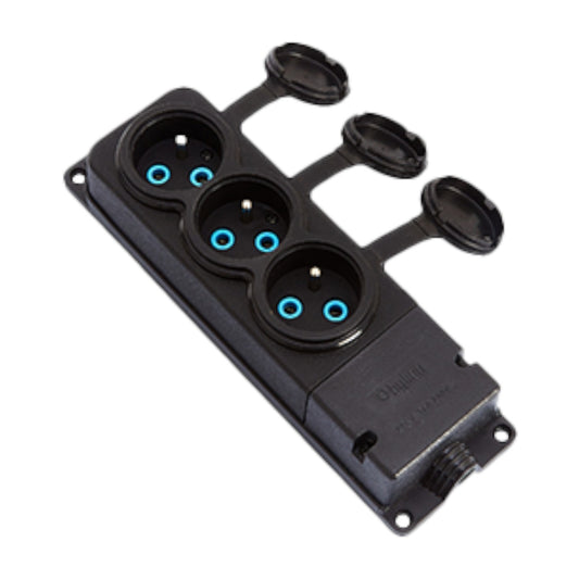 3x socket, French E type, triple "rubber" black socket with hermetic cover IP44 250V, 16A, 2P+Z, 3KMP-E, Bylion