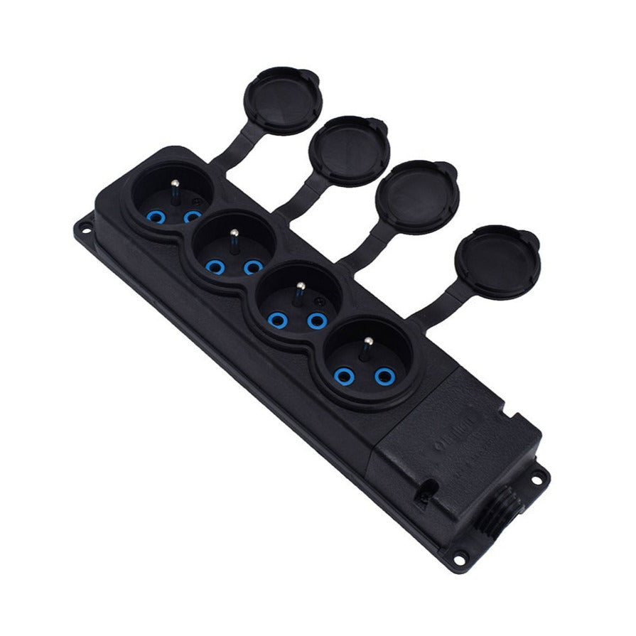 4x rubber socket "rubber" black with hermetic cover IP44, 250V, 16A, 2P+Z, French type E, 4KMP-E, Bylion