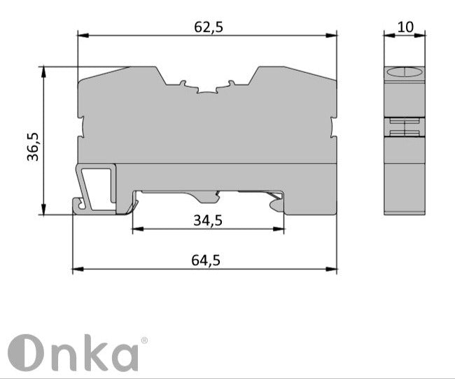 ONKA 10mm2 PE atsperu sliedes savienotājs, DIN sliedes spaile, 2 vadi, pelēks, 1020300