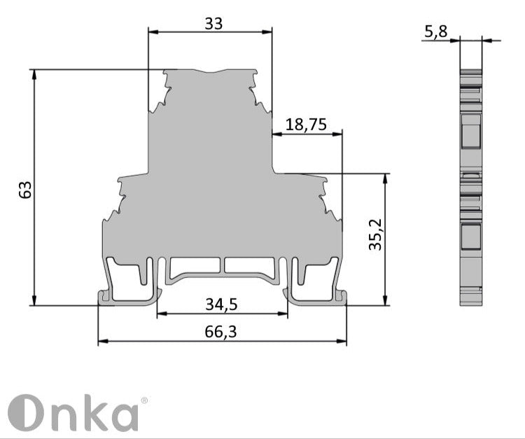 ONKA 2.5 mm2, 2-level screw rail connector terminal block DIN rail terminal block, 4-wire, gray, 1010332
