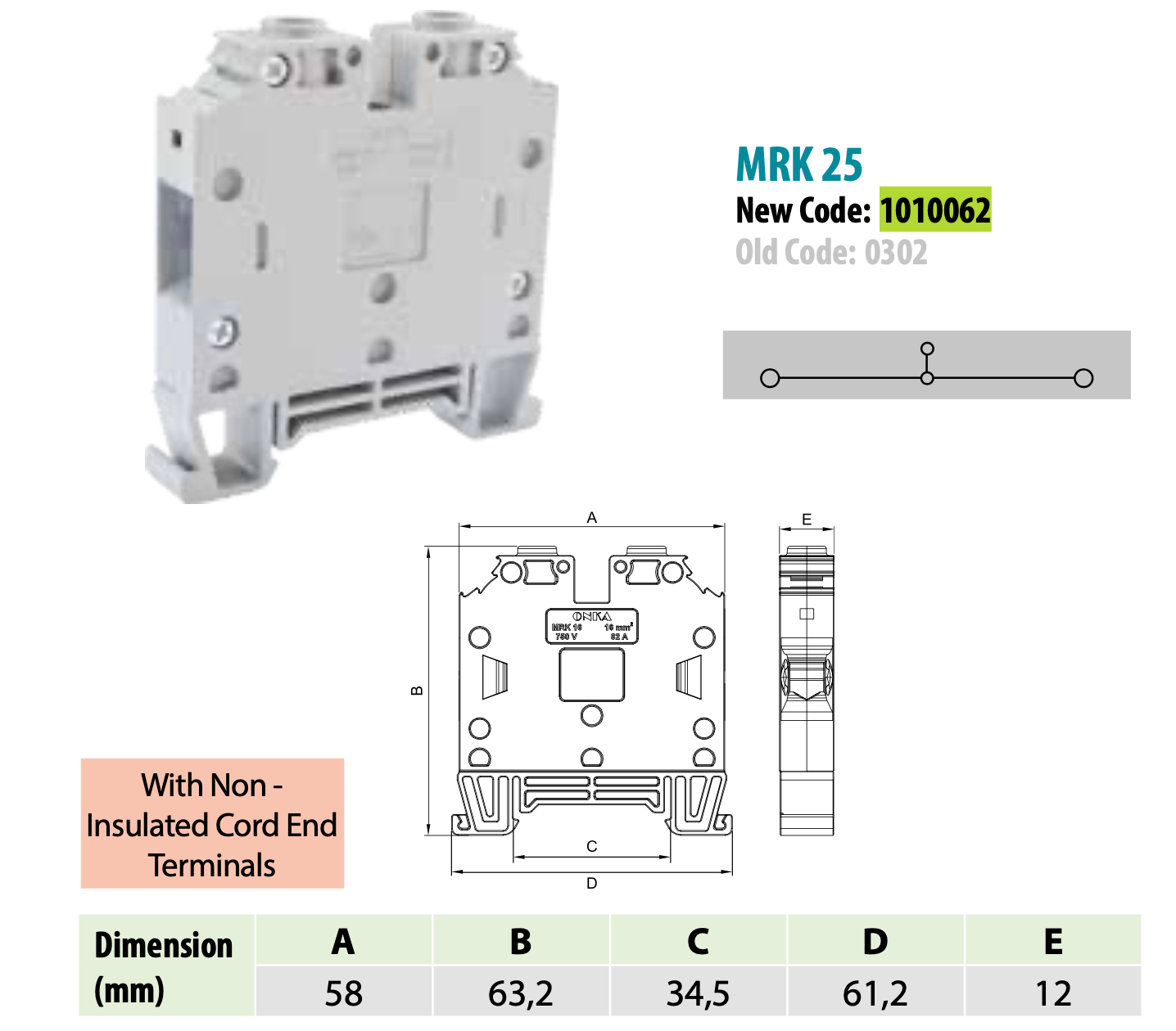 ONKA 25mm2 Screw rail connector terminal block DIN rail terminal 2-wire, gray, 1010062