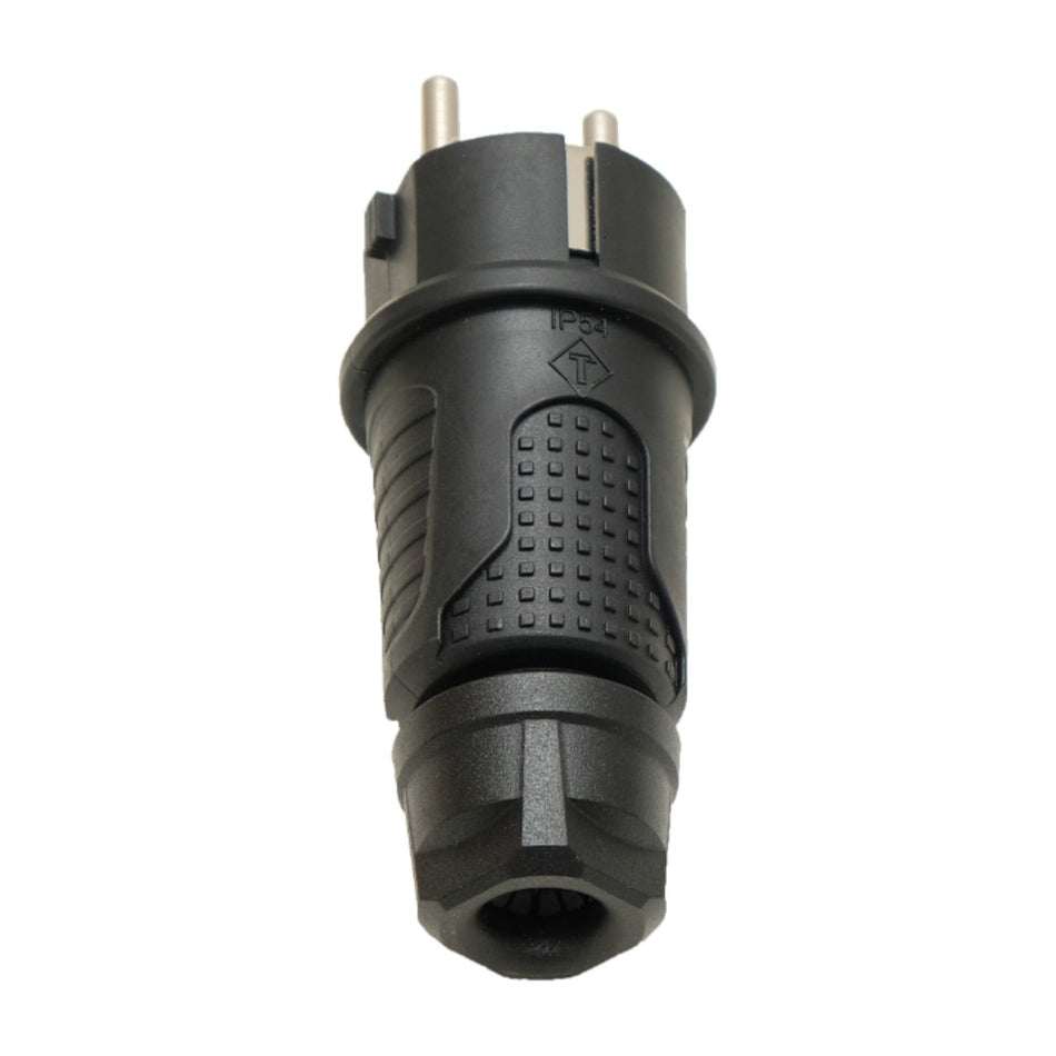Černá gumová zástrčka IP54, 250v 16a na kabel, Uni-Schuko (dvojité uzemnění), 2P+E, REF, Bylion Wtyczka gumowa hermetyczna czarny black rubber plug