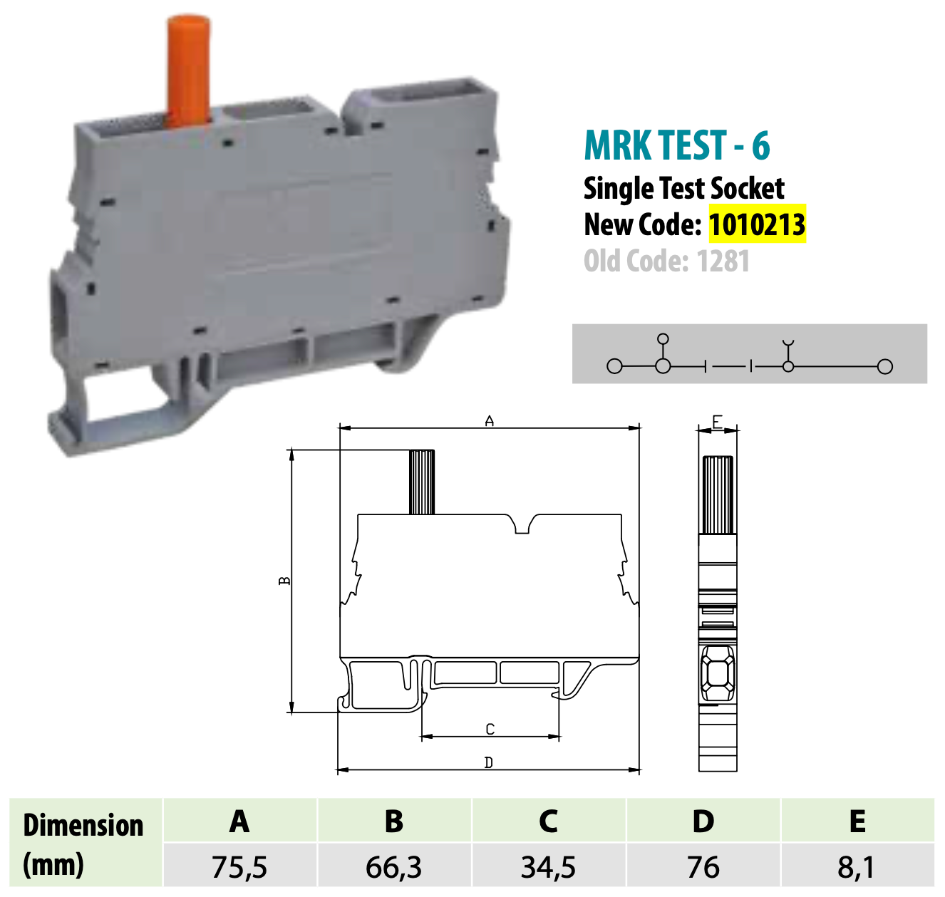 ONKA 6mm2 Screw rail connector terminal block with test terminal on DIN rail, 2 wires, gray, 1010213