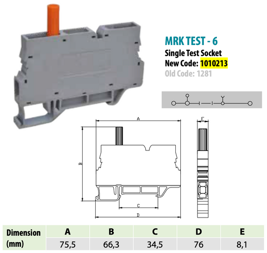 ONKA 6mm2 Screw rail connector terminal block with test terminal on DIN rail, 2 wires, gray, 1010213