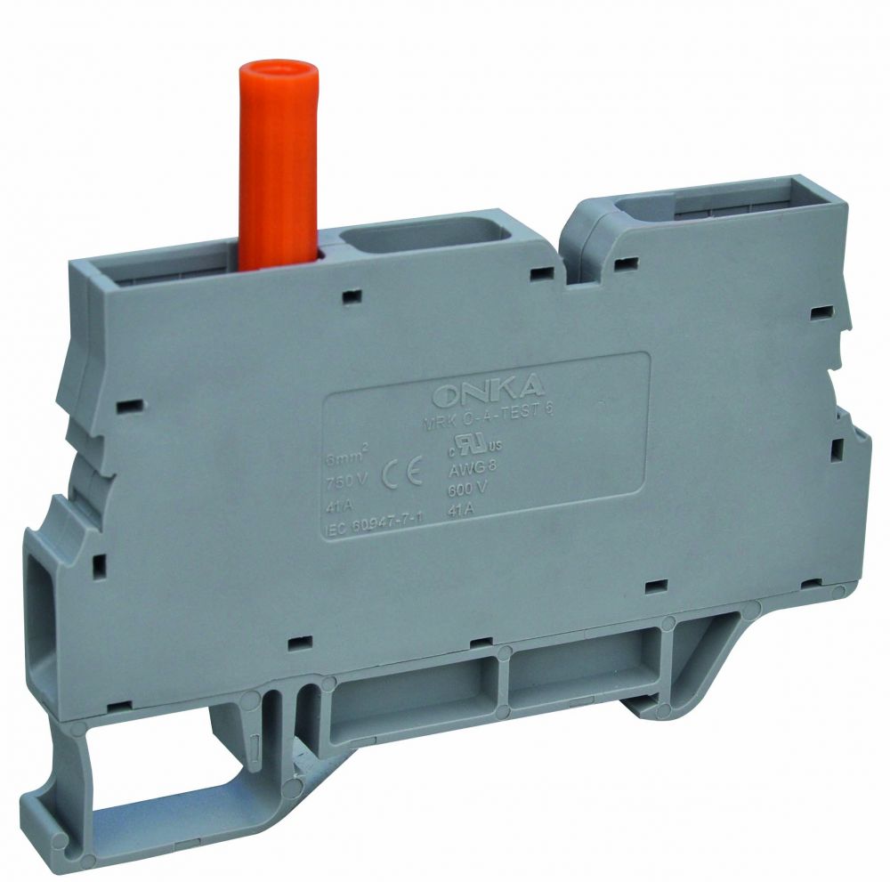 ONKA 6mm2 Screw rail connector terminal block with test terminal on DIN rail, 2 wires, gray, 1010213