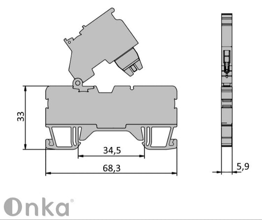 ONKA 2,5 mm2 skrūvējamā savienojuma drošinātāju termināļu bloks (drošinātājs nav iekļauts komplektā), pelēks, 1020223