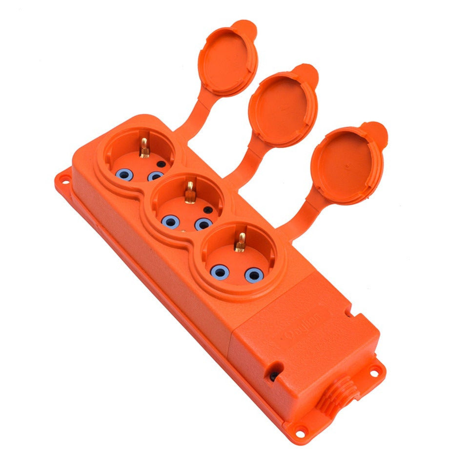Triple "rubber" orange socket with hermetic cover IP44 250V, 16A, SCHUKO 2P+Z, 3KMP-FO, Bylion