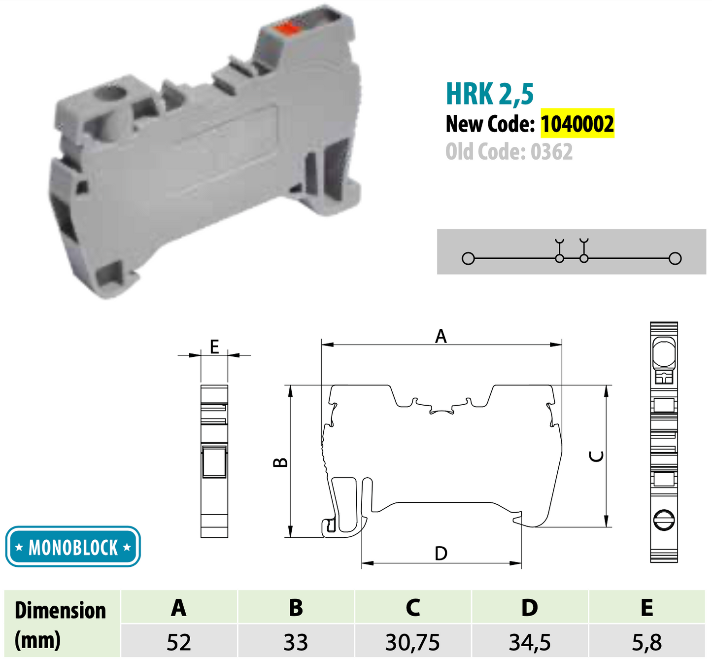 ONKA 2.5 mm2 hybrid screw/spring rail terminal block DIN rail terminal block, 2 wires, gray, 1040002