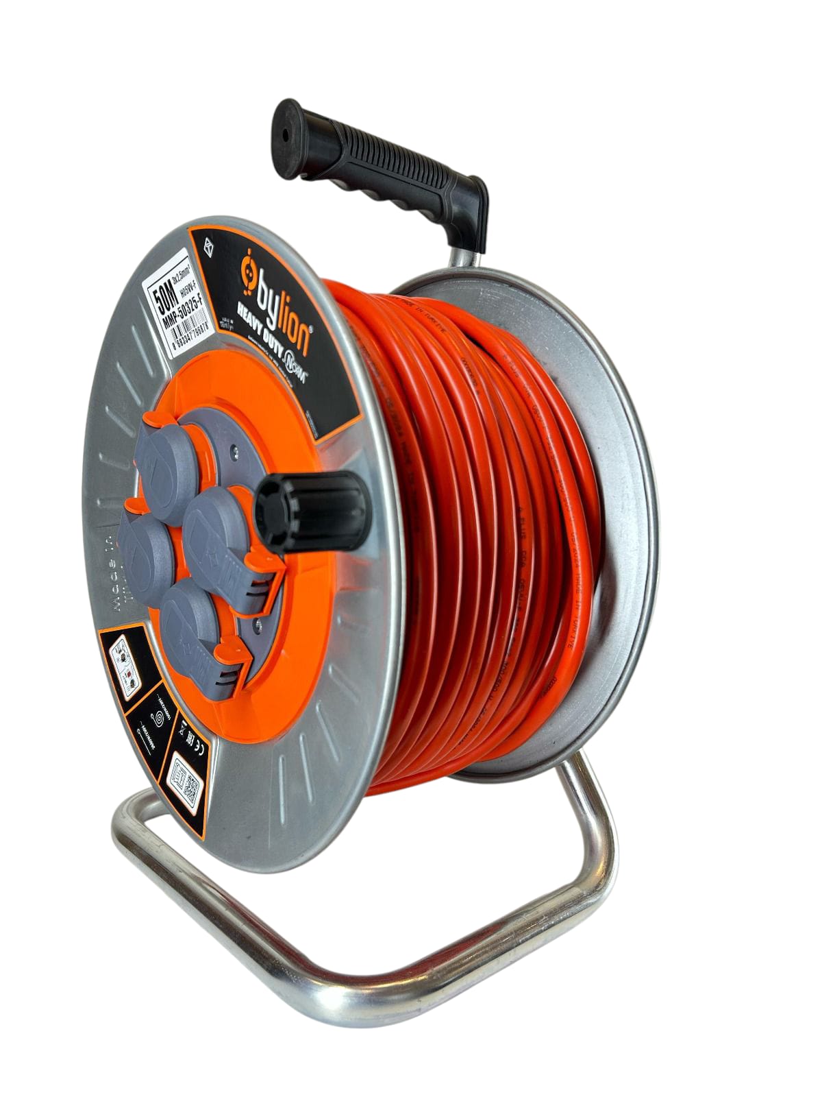 Professional metal reel with copper cable 3x2.5 mm2, IP44, with overload protection, current 16 A, Schuko type with 4 sockets, length 50 m, cable color: orange.