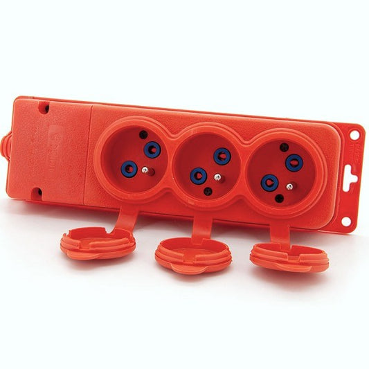 3x socket, French E type, triple "rubber" orange socket with hermetic cover IP44 250V, 16A, 2P+Z, 3KMP-EO, Bylion